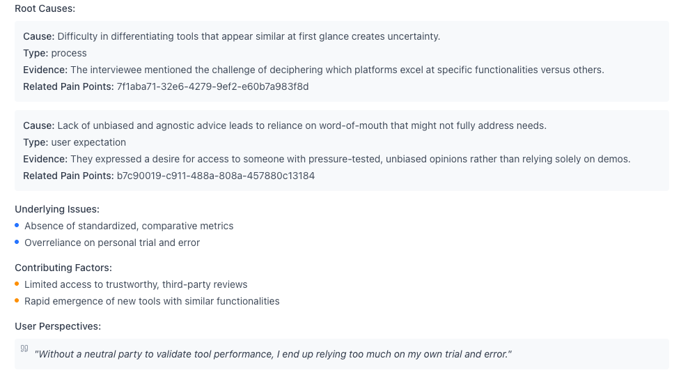 Meaningful App screenshot of a root cause analysis section of a study
